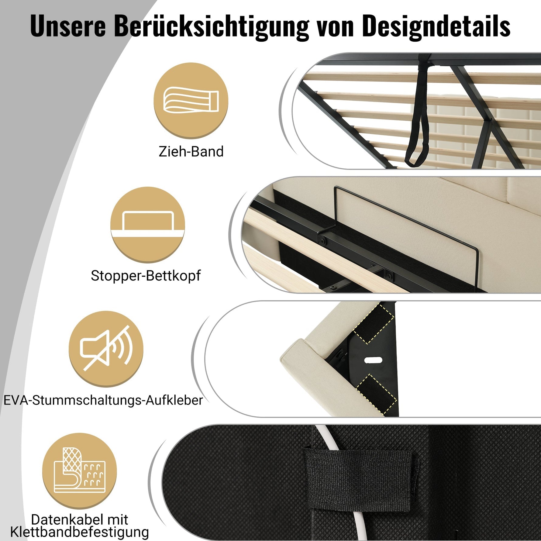 Upholstered Bed 180x200 Storage LED/USB-C, Linen Beige