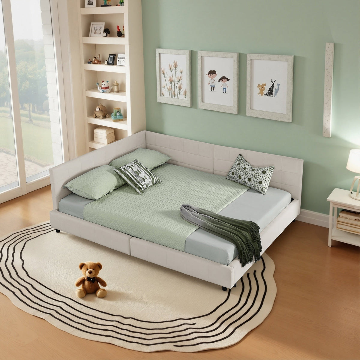 Double Bed 160x200cm Upholstered L-Shape Corner Frame - Velvet Beige