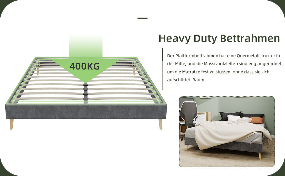 Modern Minimalist Bed Frame - 160x200 cm, Low-Profile, Grey Dutch Velvet