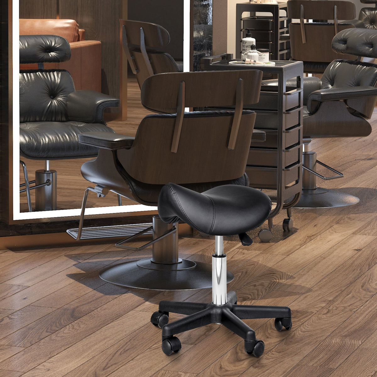Rolling Stool, Height-Adjustable Swivel with Wheels, Black Faux Leather