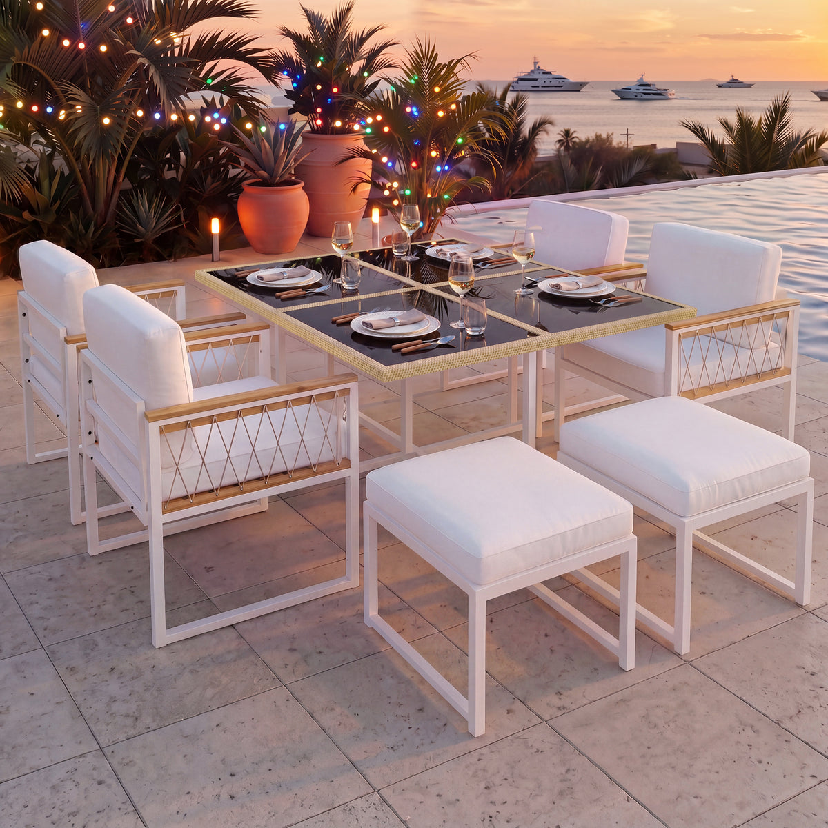 7-Piece Garden Furniture Set for 6 People, Tempered Glass & WPC