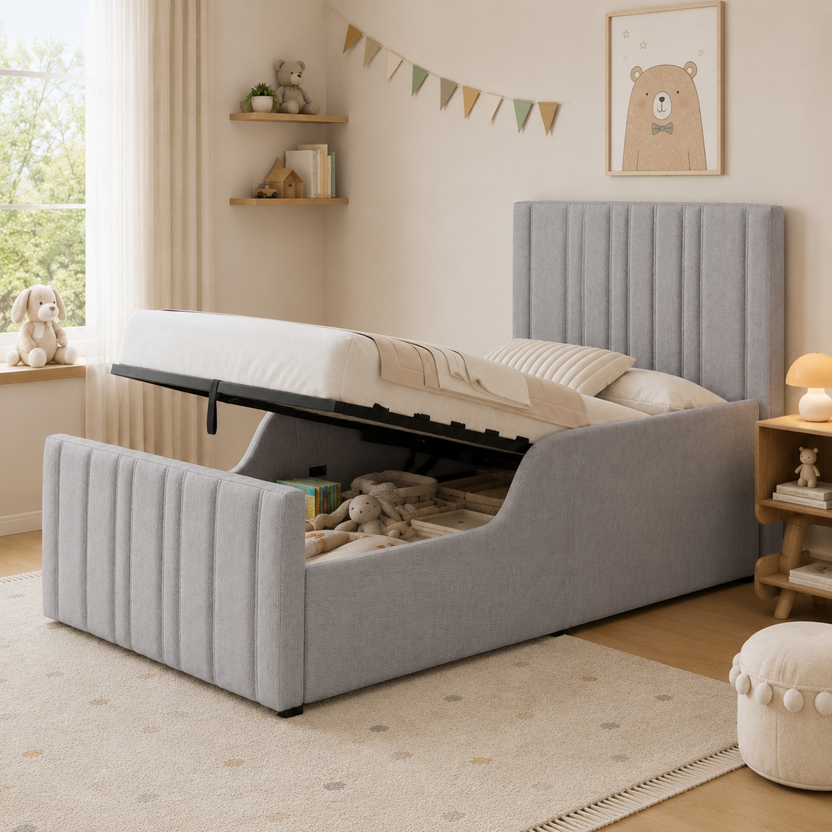 Upholstered Single Bed 90x200cm with Storage - Grey Linen
