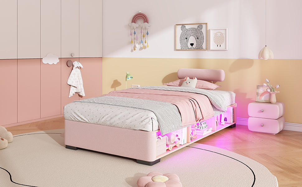 Children's Upholstered Bed with LED Shelf, 90x200 cm, Pink
