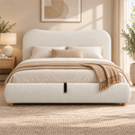 Upholstered Double Bed 180x200cm with Storage, White Bouclé