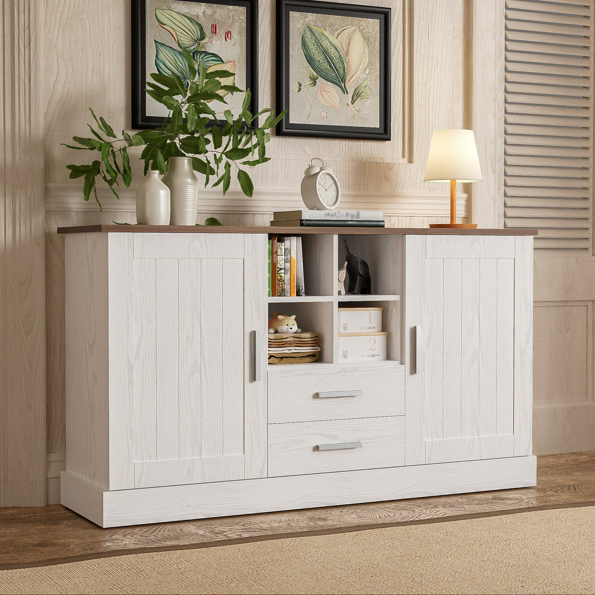 Sideboard 140x40x79.5cm, 2 Doors 2 Drawers, White and Brown Wood Grain