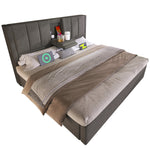 Upholstered Double Bed 140x200cm Hydraulic Storage Cup Holder Charging Station Linen Grey