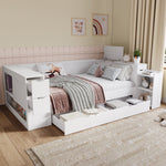 Multifunctional Storage Daybed with Drawers, Shelves and Bedside Tables, 140x200cm, White Wood