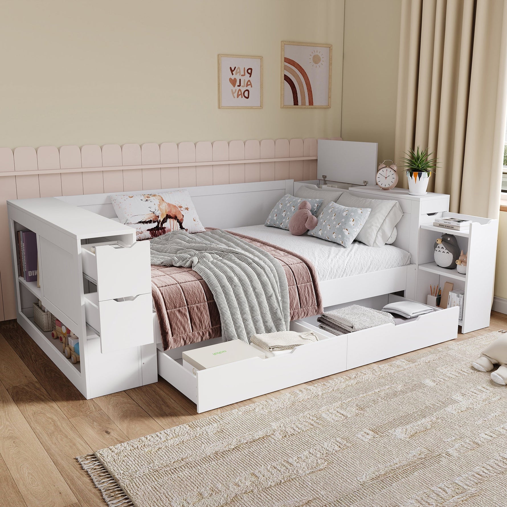 Multifunctional Storage Daybed with Drawers, Shelves and Bedside Tables, 140x200cm, White Wood