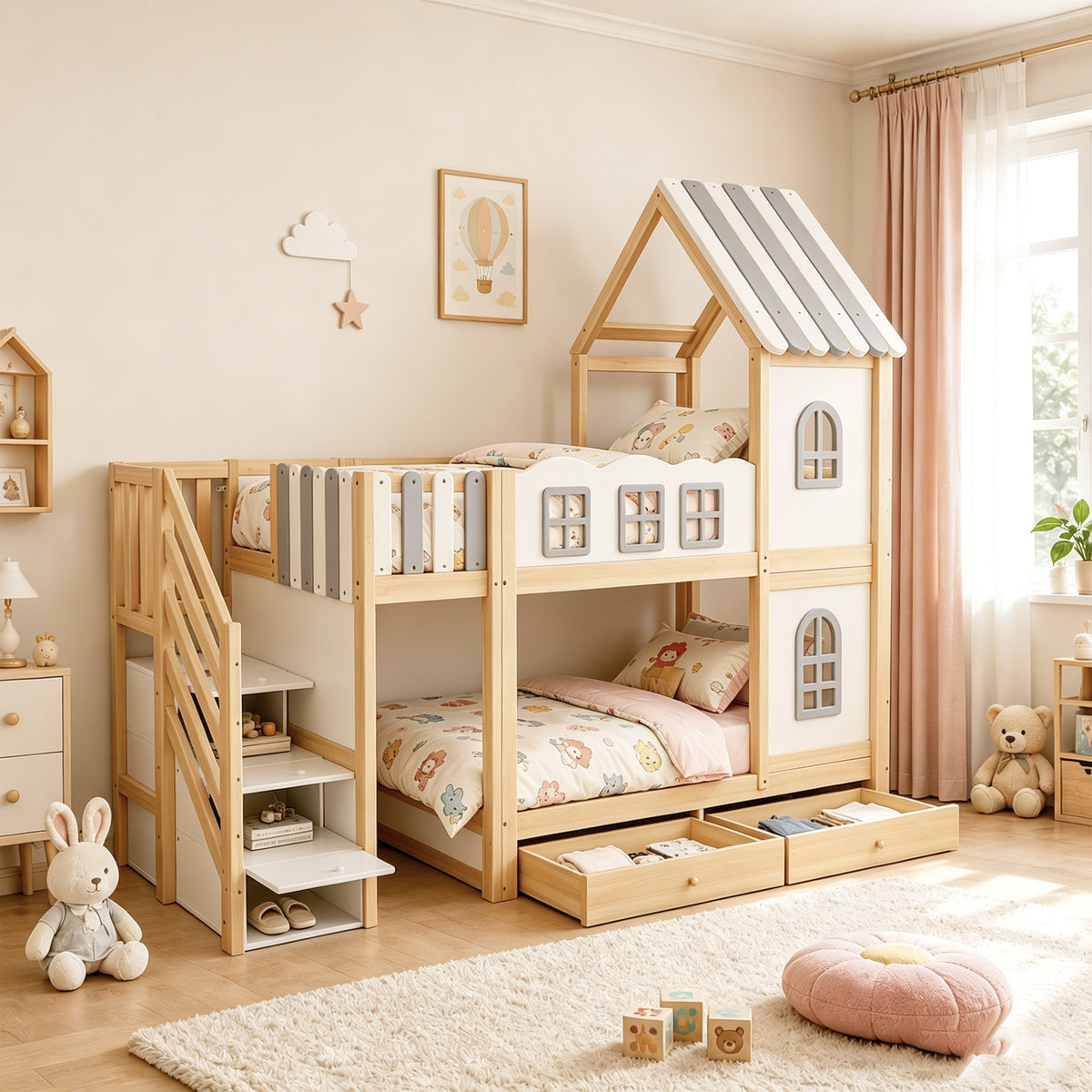 Children's Bunk Bed 90x200cm with Roof & Storage Ladder, White