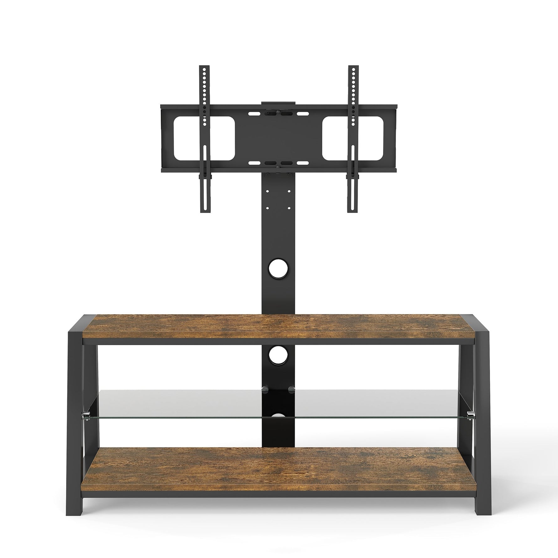 Wooden TV Cabinet Height-Adjustable Swivel Stand Wall Mount Black Tempered Glass Brown