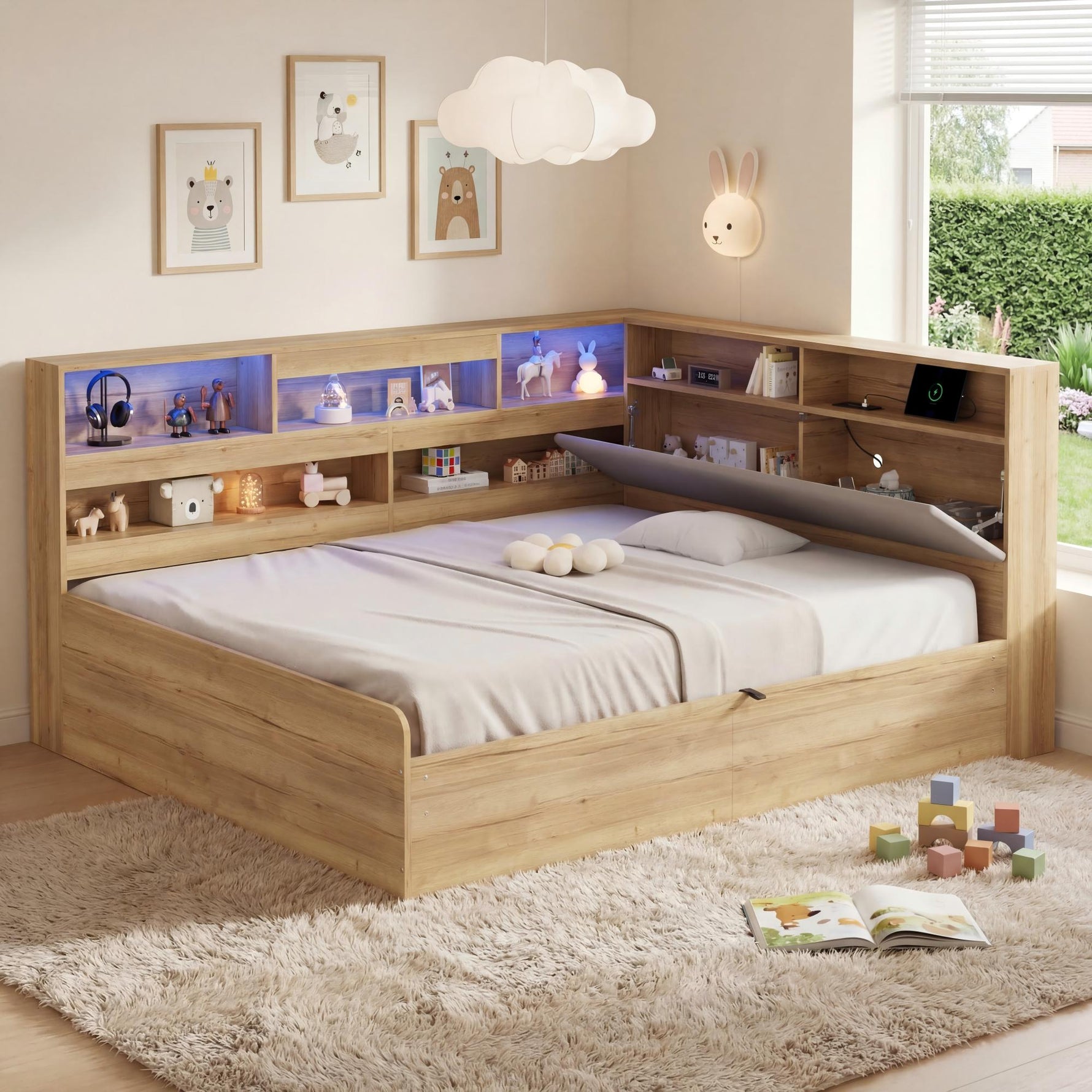 Daybed with Hydraulic Storage, USB Charging and LED Lighting, 140x200cm, Natural Wood