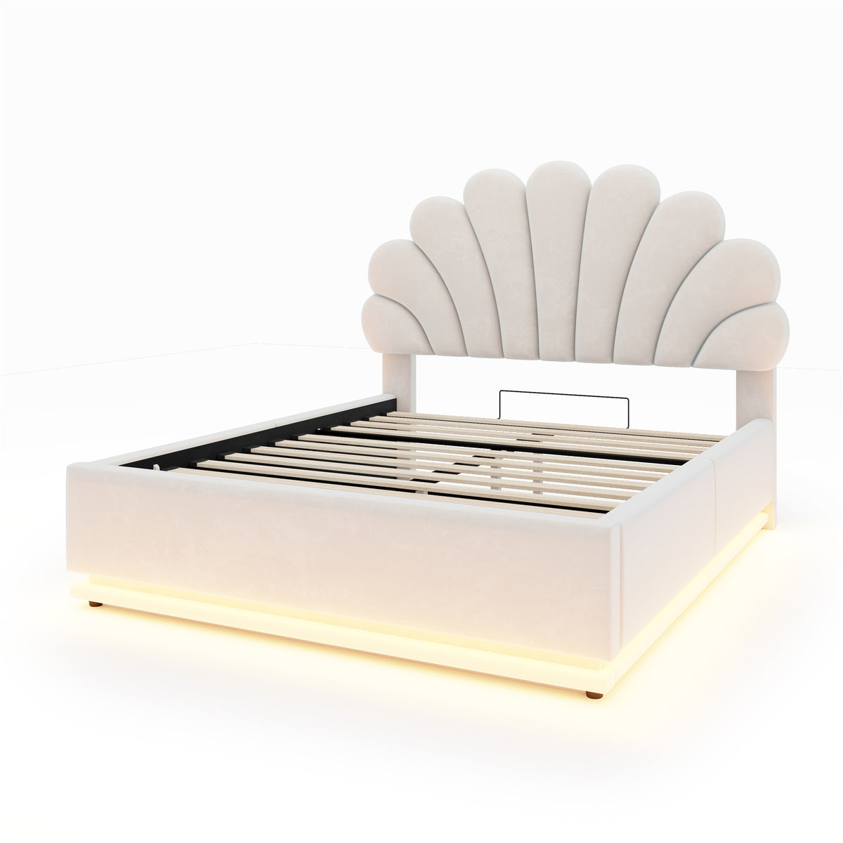 Upholstered Bed 140x200cm with Storage & LED Light, Beige Velvet