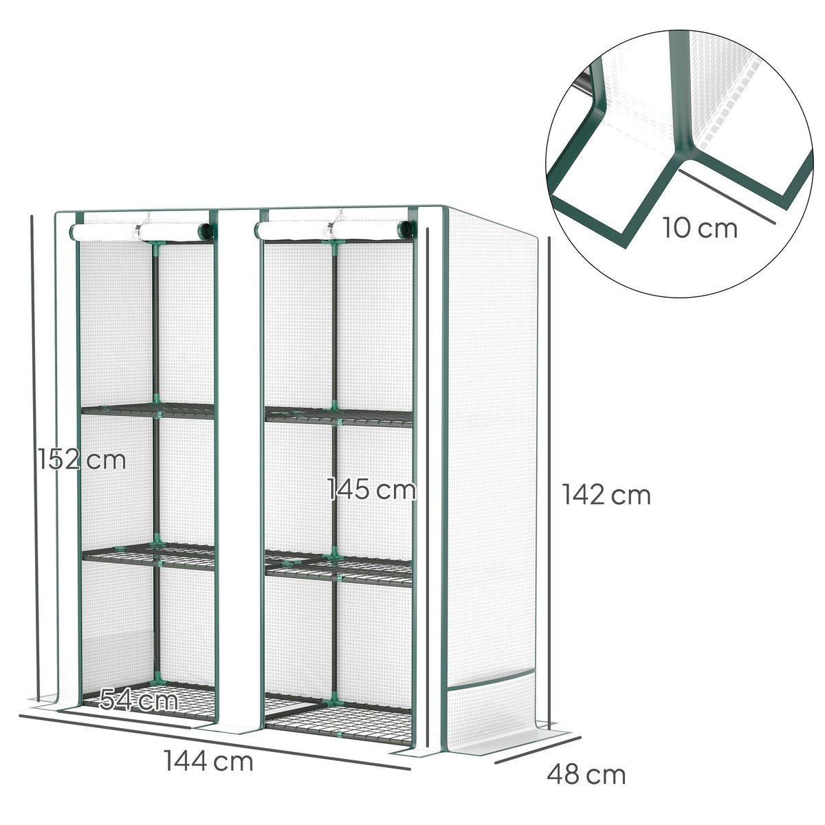 Greenhouse Pent Roof Double Doors Shelves Winterproof 144x48x152cm Foil Steel, White
