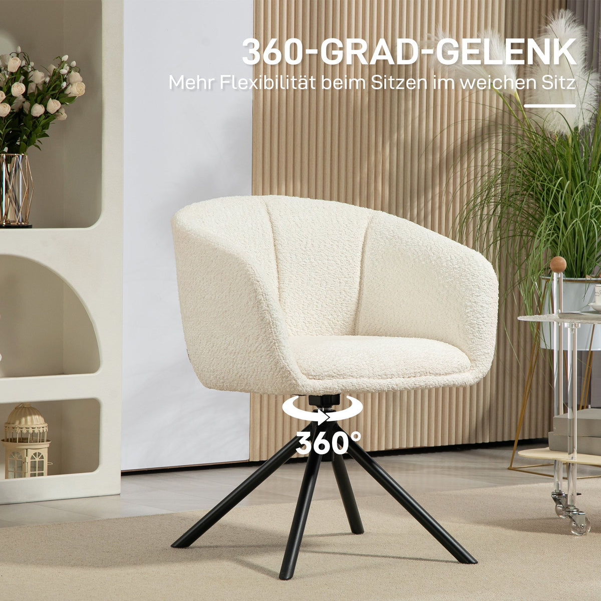 Armchair Lounge Chair, 360° Swivel with Armrests & Metal Legs, Linen Look Cream White