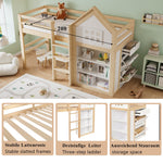Loft Bed with Storage Compartments, Drawers, Steps and Safety Railing, 90x200cm, White and Natural Pine + MDF + Plywood