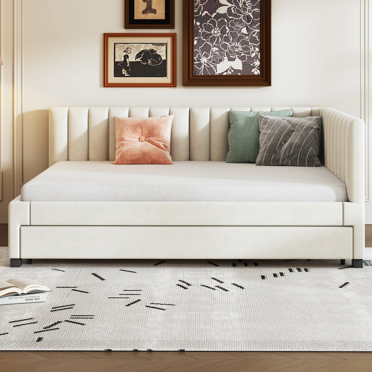 Upholstered Bed 140*200, Pull-Out Sofa Bed with Slatted Frame, Velvet Fabric Beige