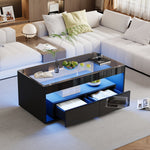 Modern Coffee Table, 16-Color LED Light, 2 Large Drawers, High Gloss, Black