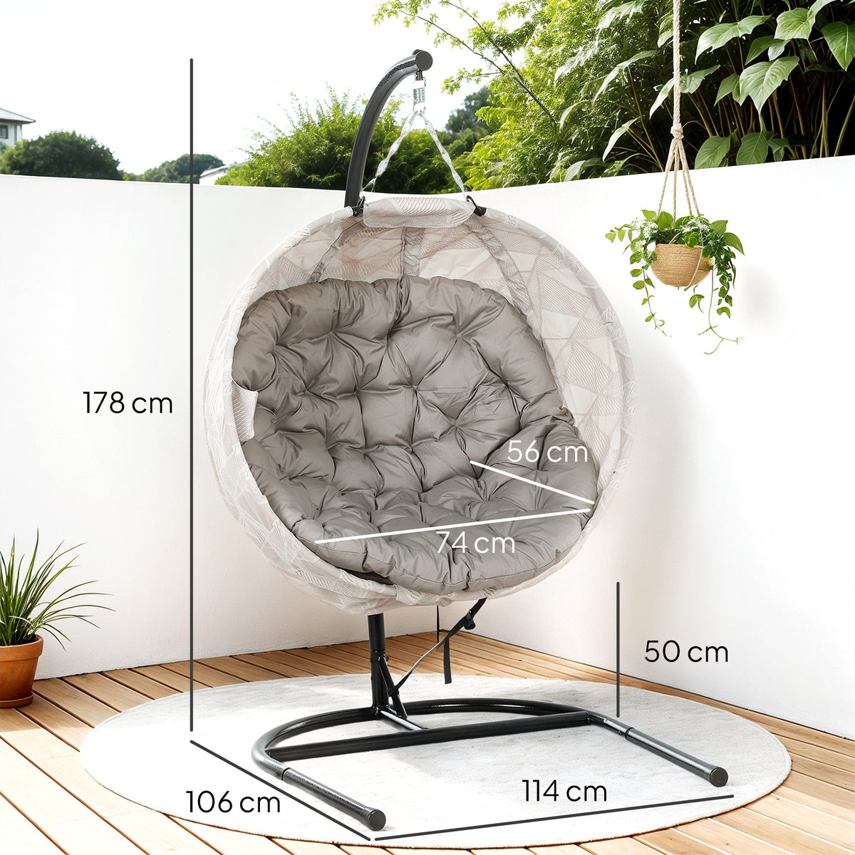 Egg-Shaped Outdoor Hanging Chair, Foldable Swing with Cup Holder, Sand