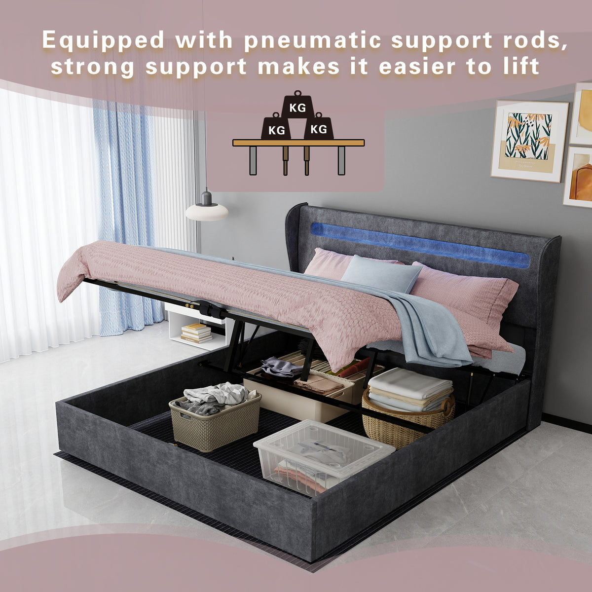 Upholstered Bed 160x200cm with LED Headboard & Storage, Grey