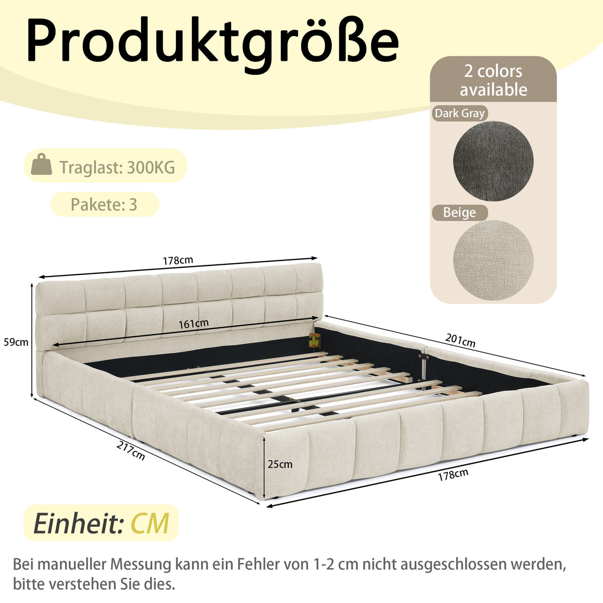 Double Bed 160x200cm Soft Quilted Frame - Beige Chenille