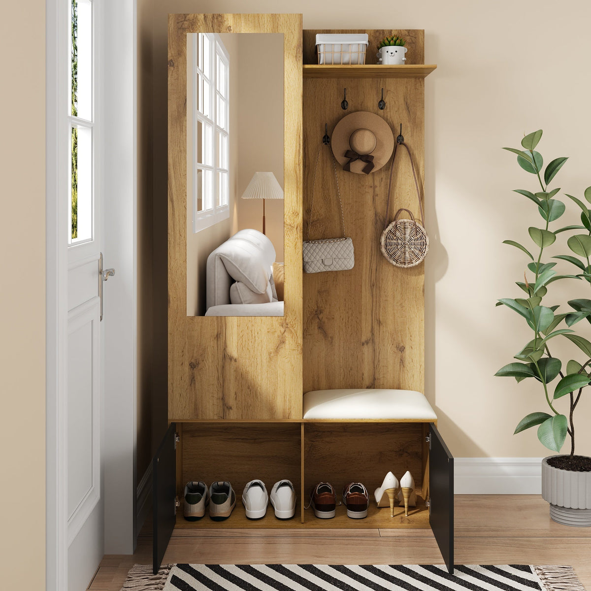 Wardrobe Set with 5 Hooks, Mirror, Shoe Cabinet, Hidden Hanging Area, Hall Bench