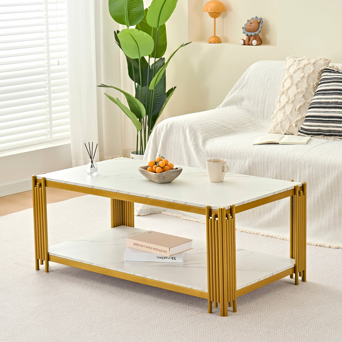 Coffee Table Rectangular Marble Effect Metal Legs - White/Gold