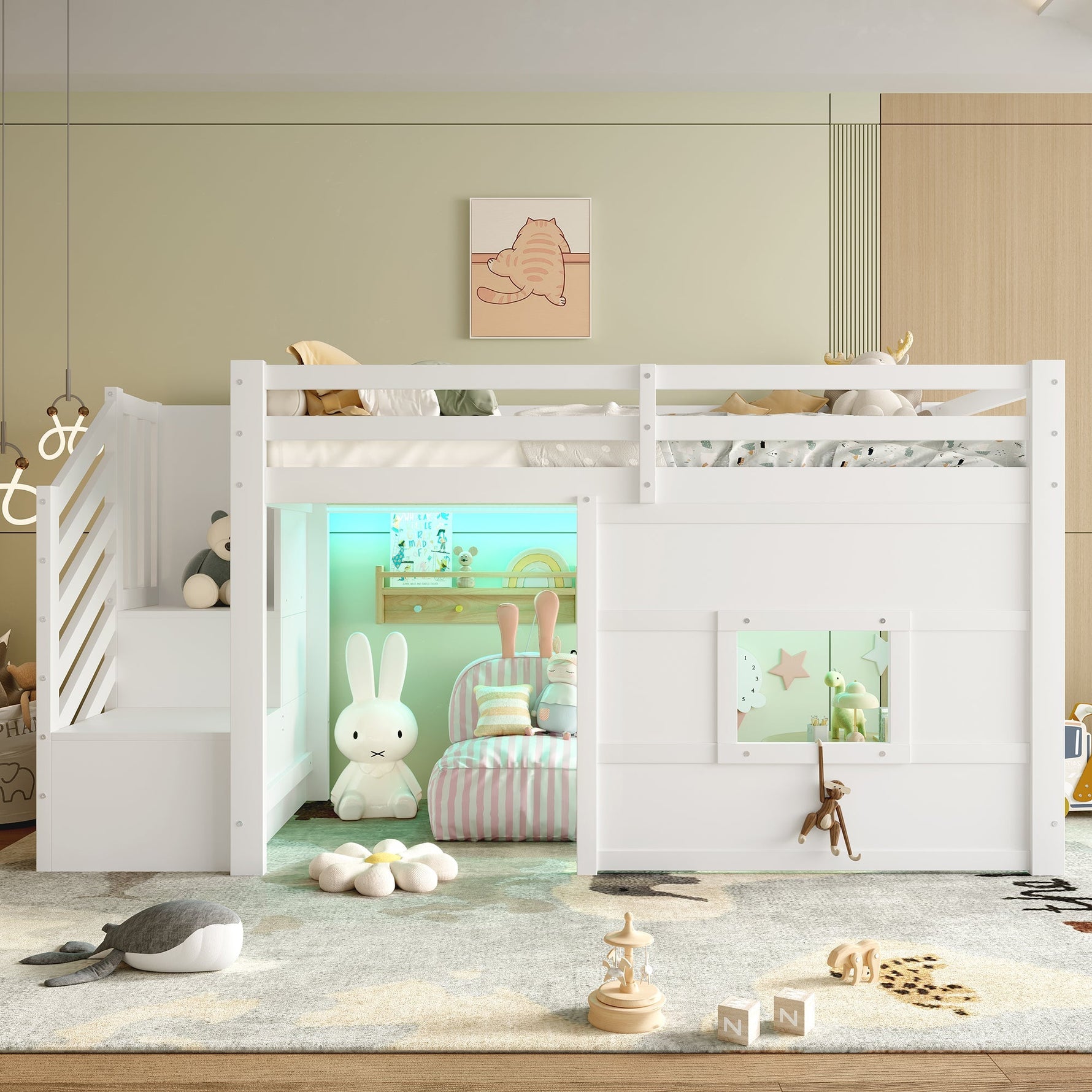 Loft Bed with Storage Stairs and Window, 90x200cm, White Pine Wood + MDF