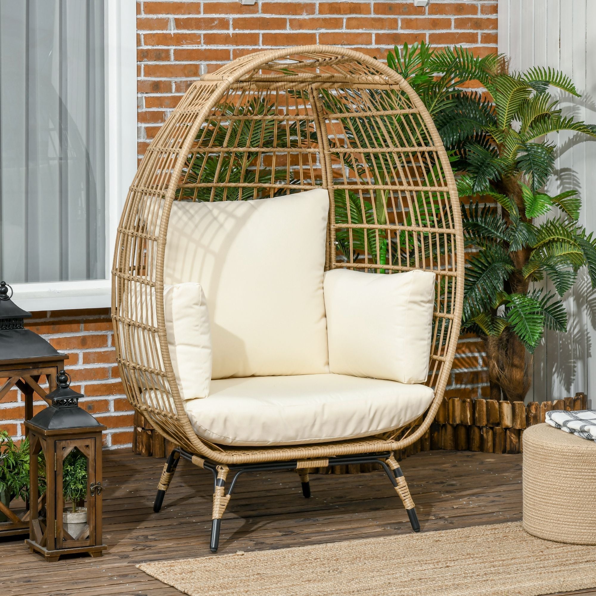 Rattan Chair Basket Shape with Seat Cushion Raised Garden Khaki Metal