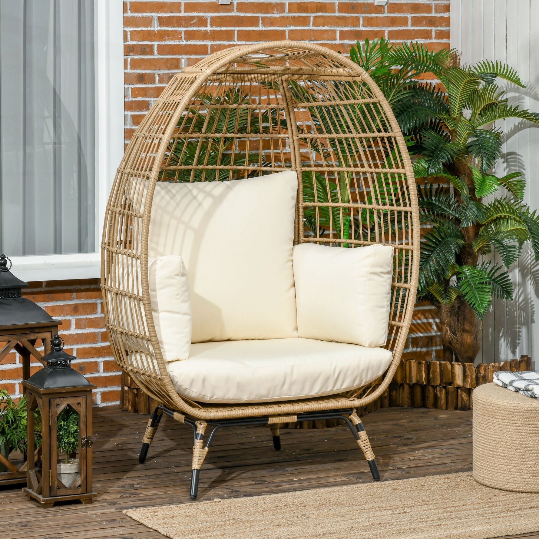 Rattan Chair Basket Shape with Seat Cushion Raised Garden Khaki Metal