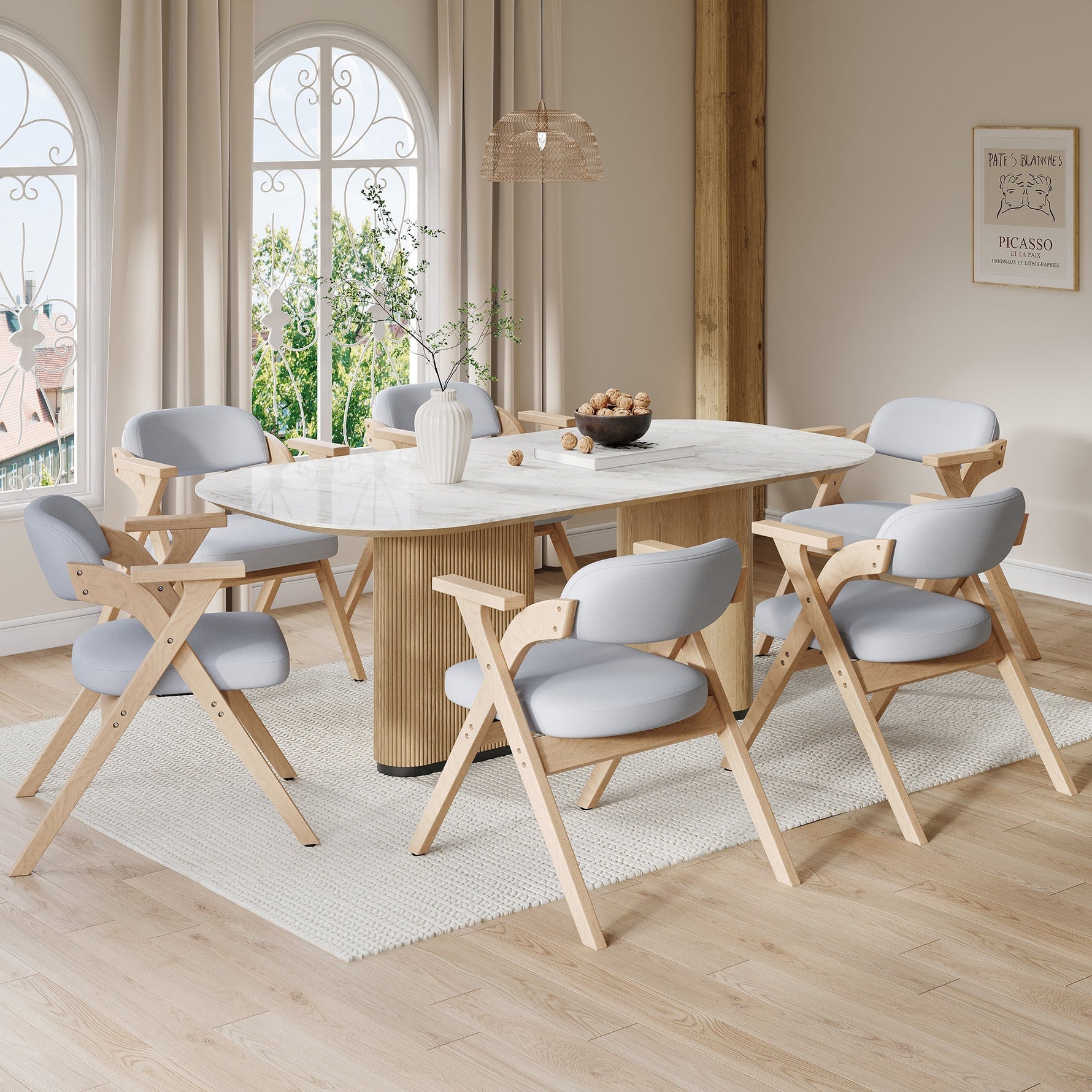 Set of 6 Folding Dining Chairs, Solid Wood and Breathable, Grey Linen