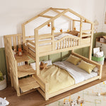Children's Bunk House Bed 90x200/140x200 with Storage, Natural Wood