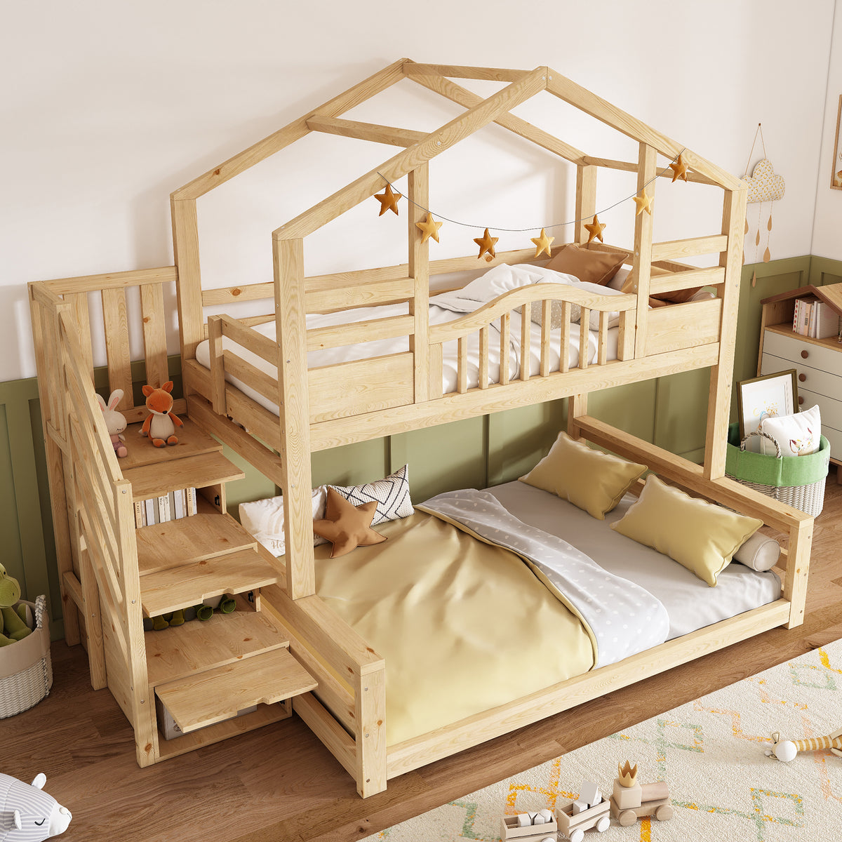 Children's Bunk House Bed 90x200/140x200 with Storage, Natural Wood