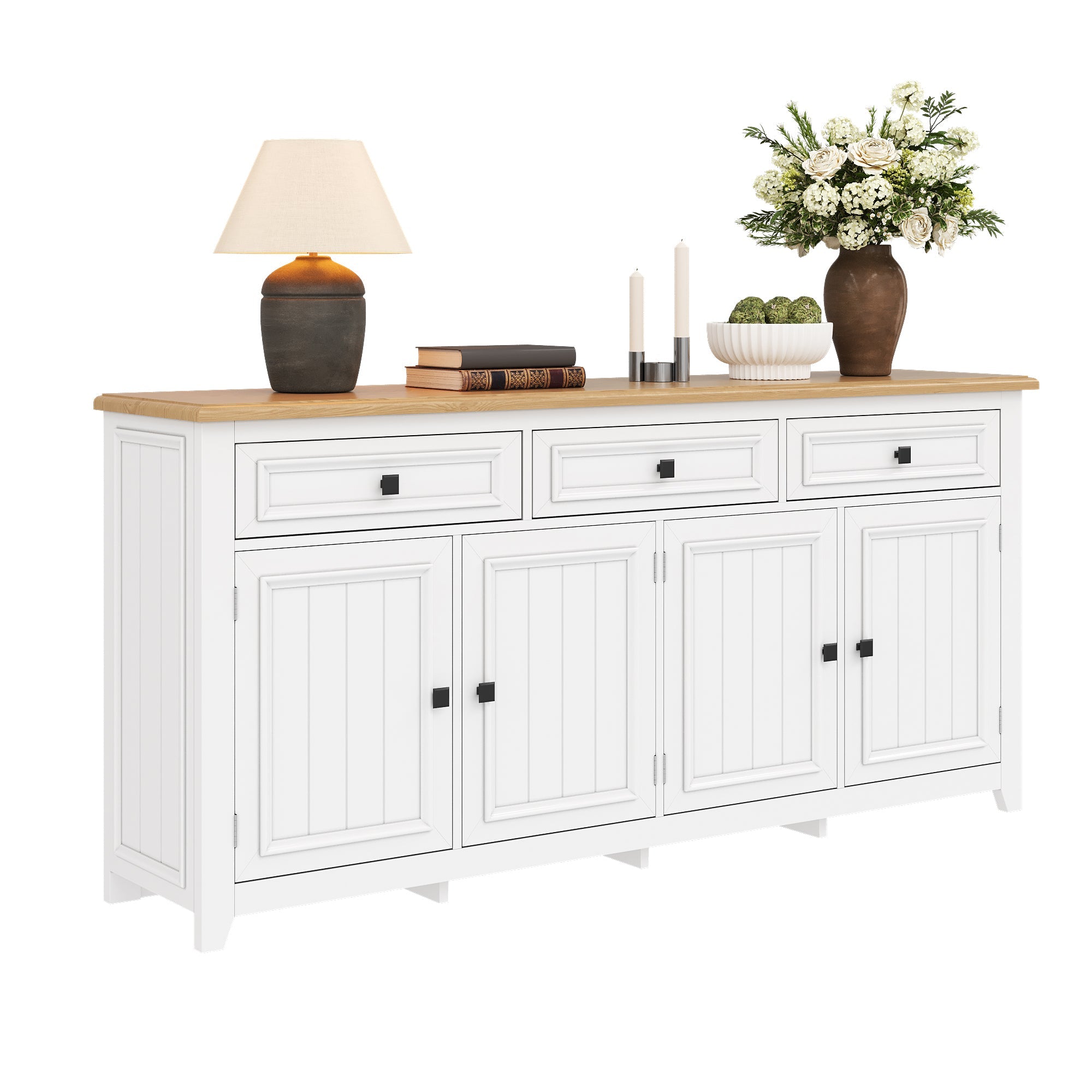 Sideboard Cabinet Buffet Storage Set, 160L x 35W x 76H cm, Modern and Simple White MDF