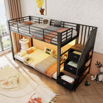 Metal Bunk Bed 90x200cm with Stairs, Storage & LED, Black