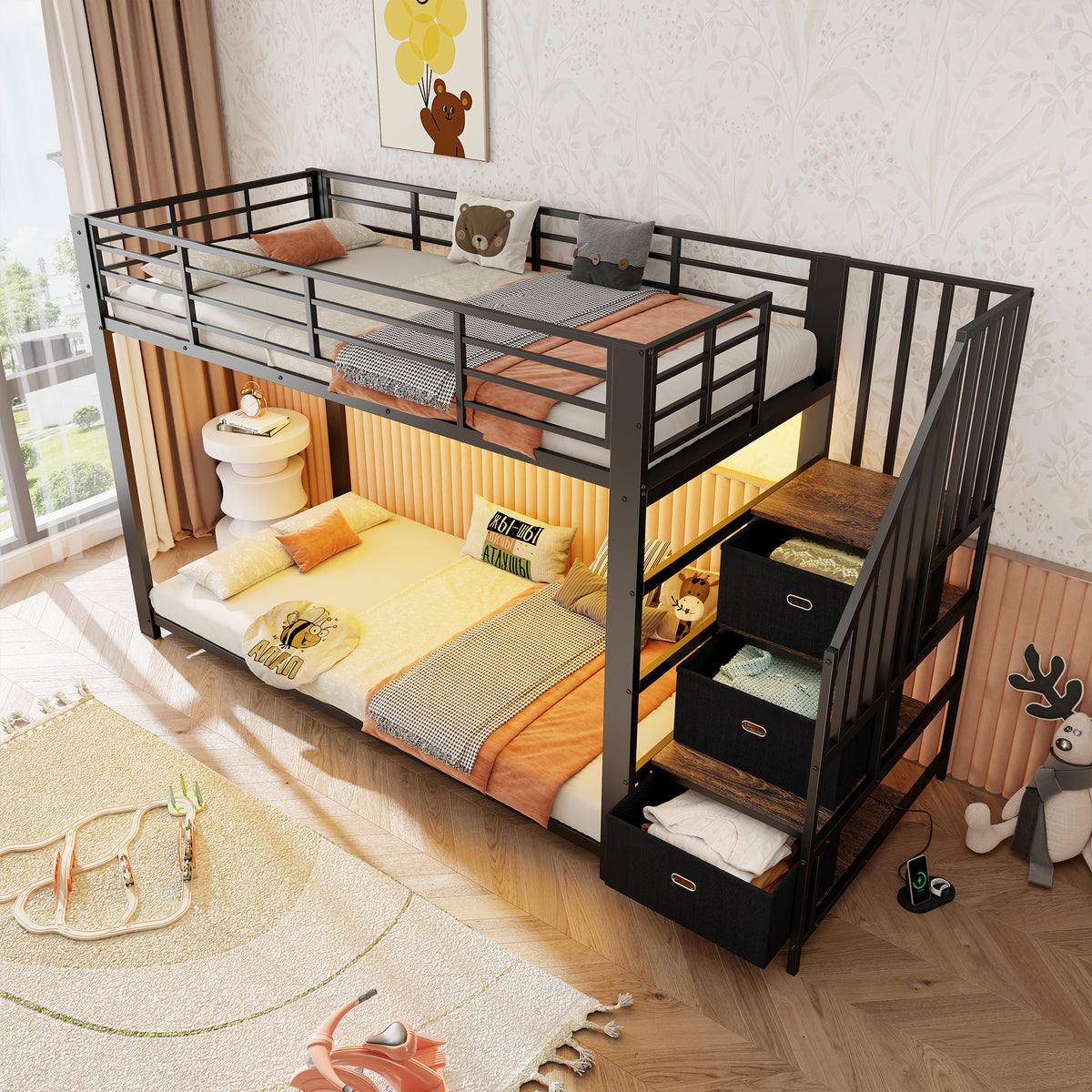 Metal Bunk Bed 90x200cm with Stairs, Storage & LED, Black