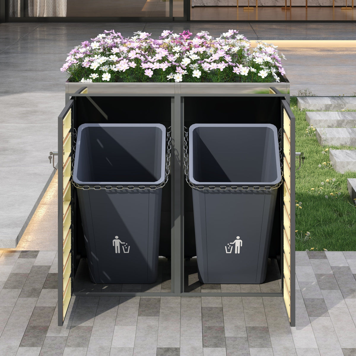 Garbage Can Enclosure with Planting Area and Lockable Dual Doors, Horizontal Wood Grain Panels