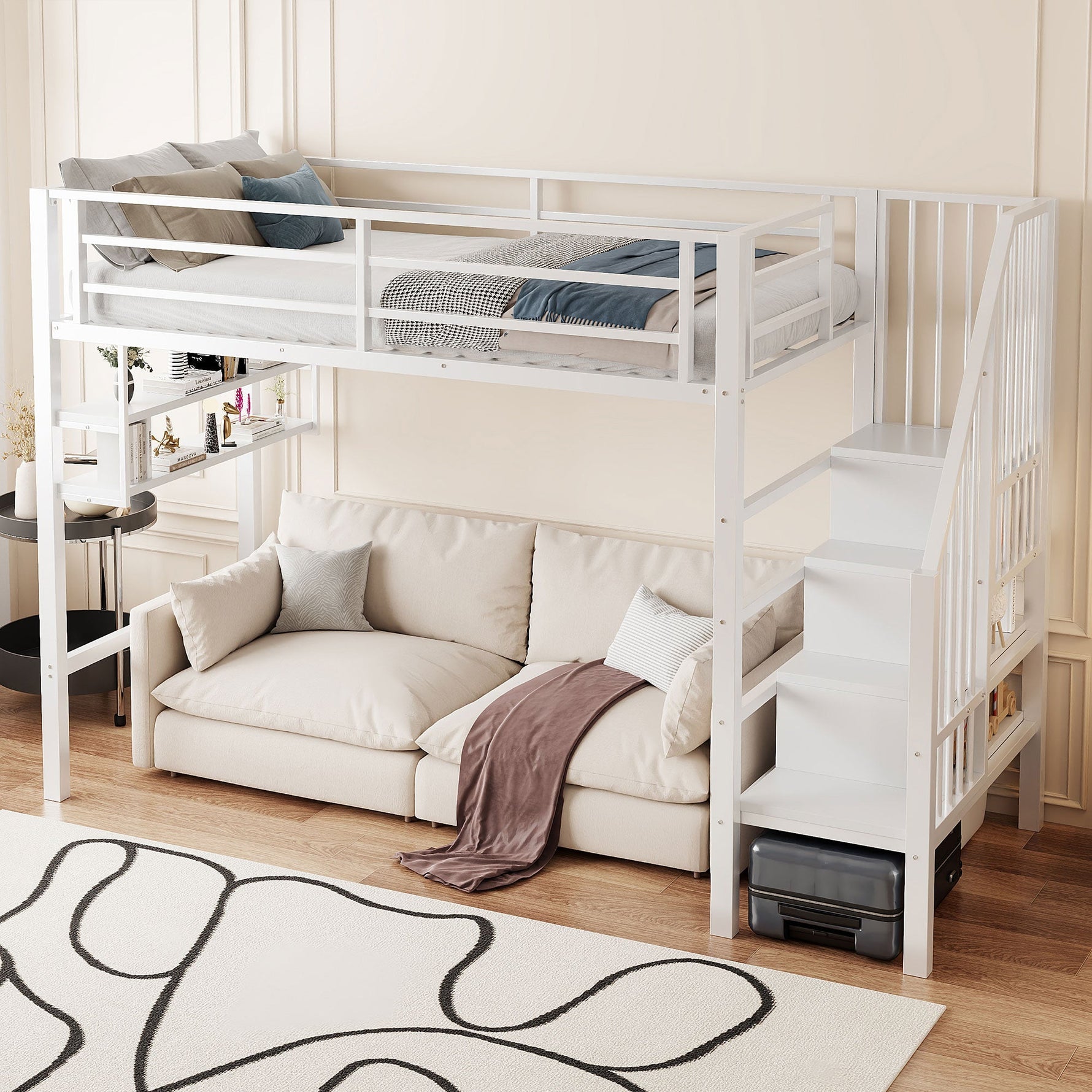 Loft Bed 90x200cm Storage Ladder Shelves - White