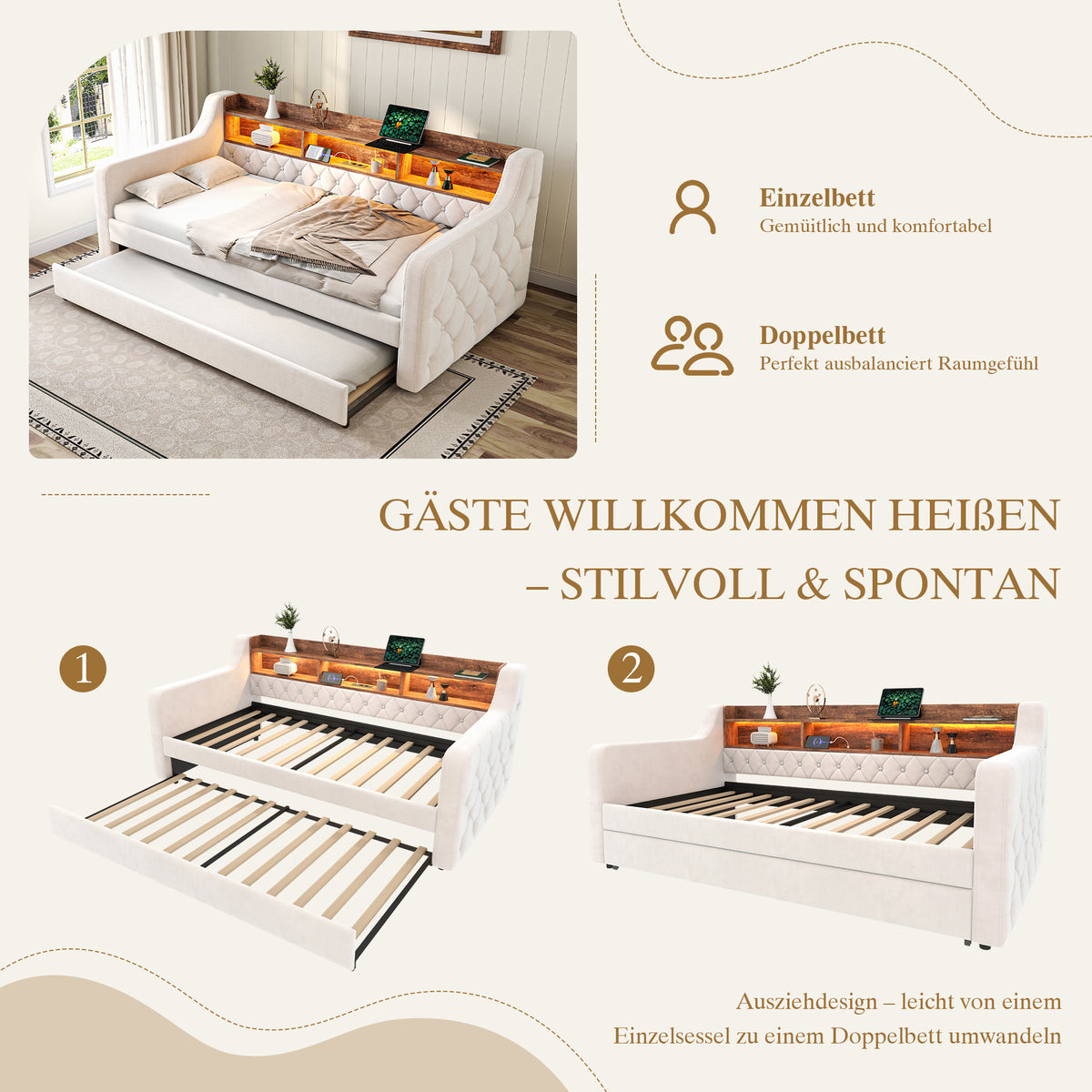 Space-Saving Sofa Bed 90x190cm with Storage & LED, Beige Velvet