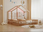 Wooden House Bed 90x200cm Freestanding LED Storage Shelves Wood Color