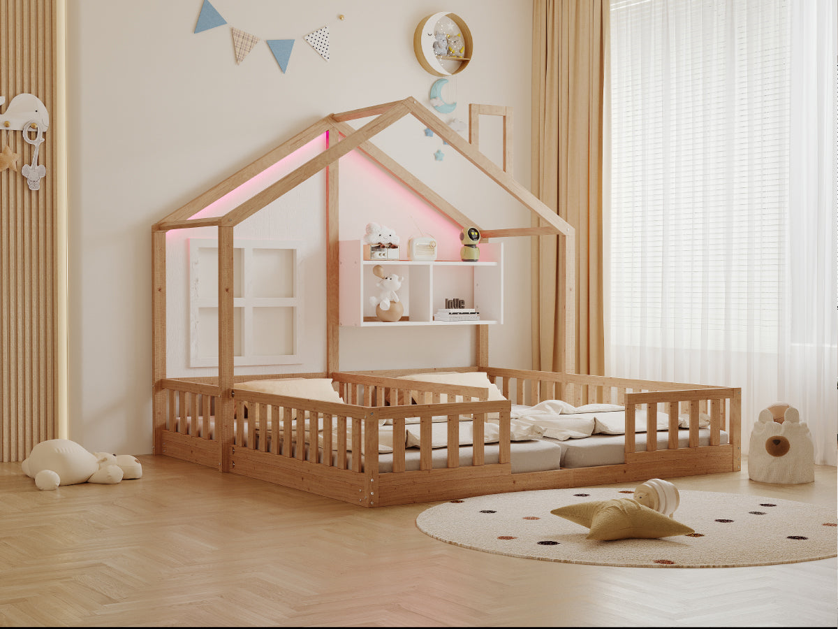 Wooden House Bed 90x200cm Freestanding LED Storage Shelves Wood Color