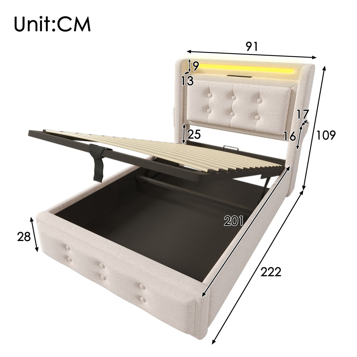 Upholstered Single Bed 90x200 LED USB Hydraulic Storage, Beige Cotton
