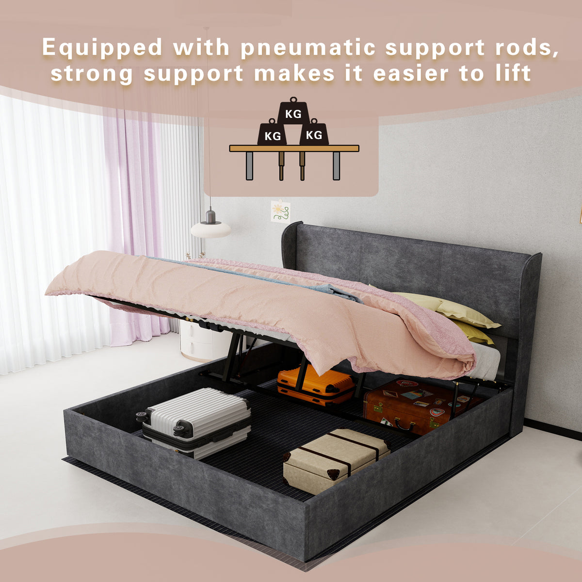 Modern Upholstered Bed with Gas Lift Storage, 160x200 cm - Grey