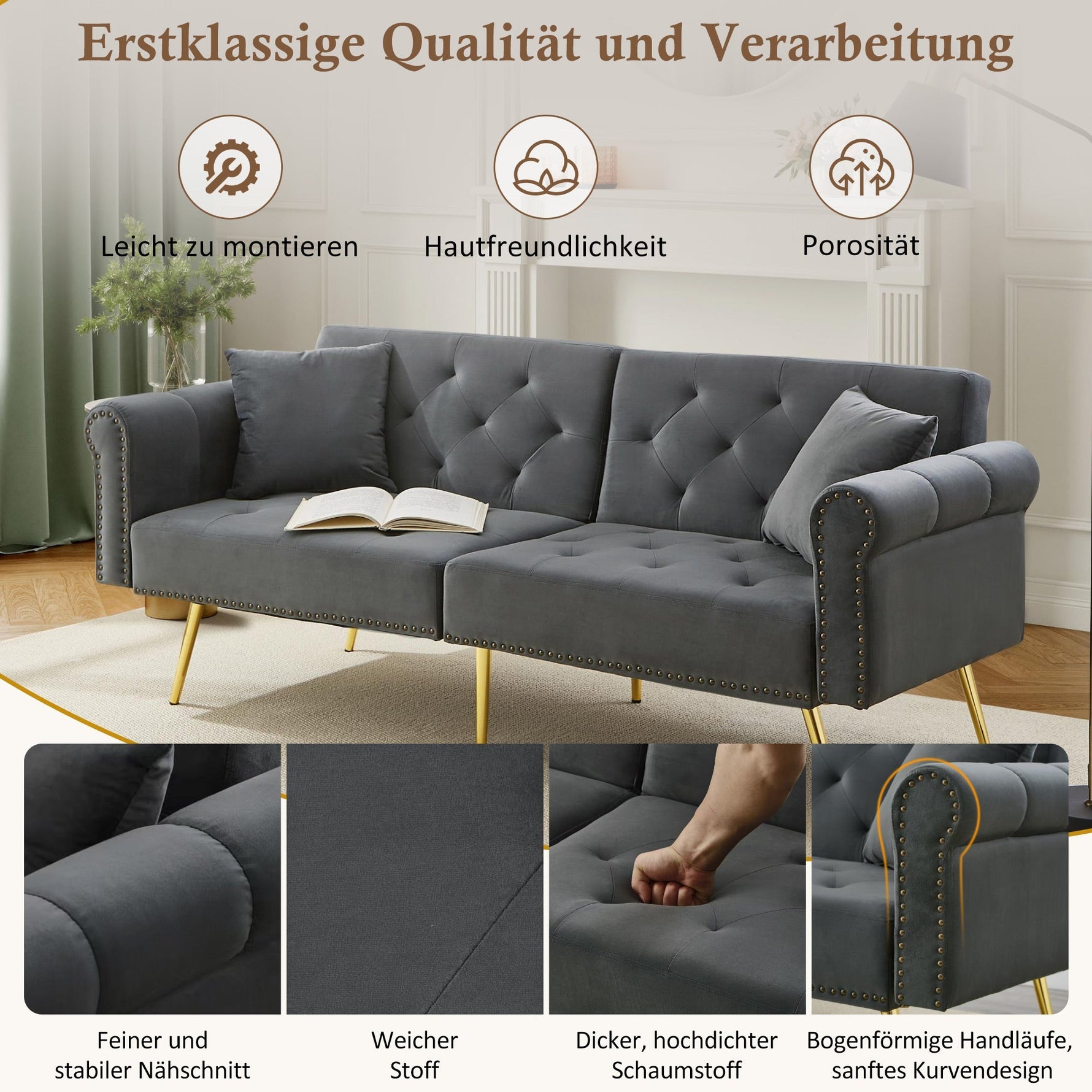 Sofa Bed, Modern 2-Seater with 3-Level Adjustable Backrest, Velvet