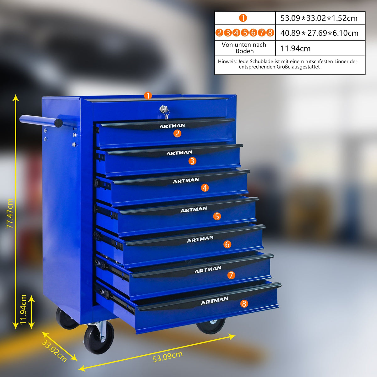 Rolling Tool Cabinet with 7 Drawers, Ball Bearing Slides, Steel Black & Blue