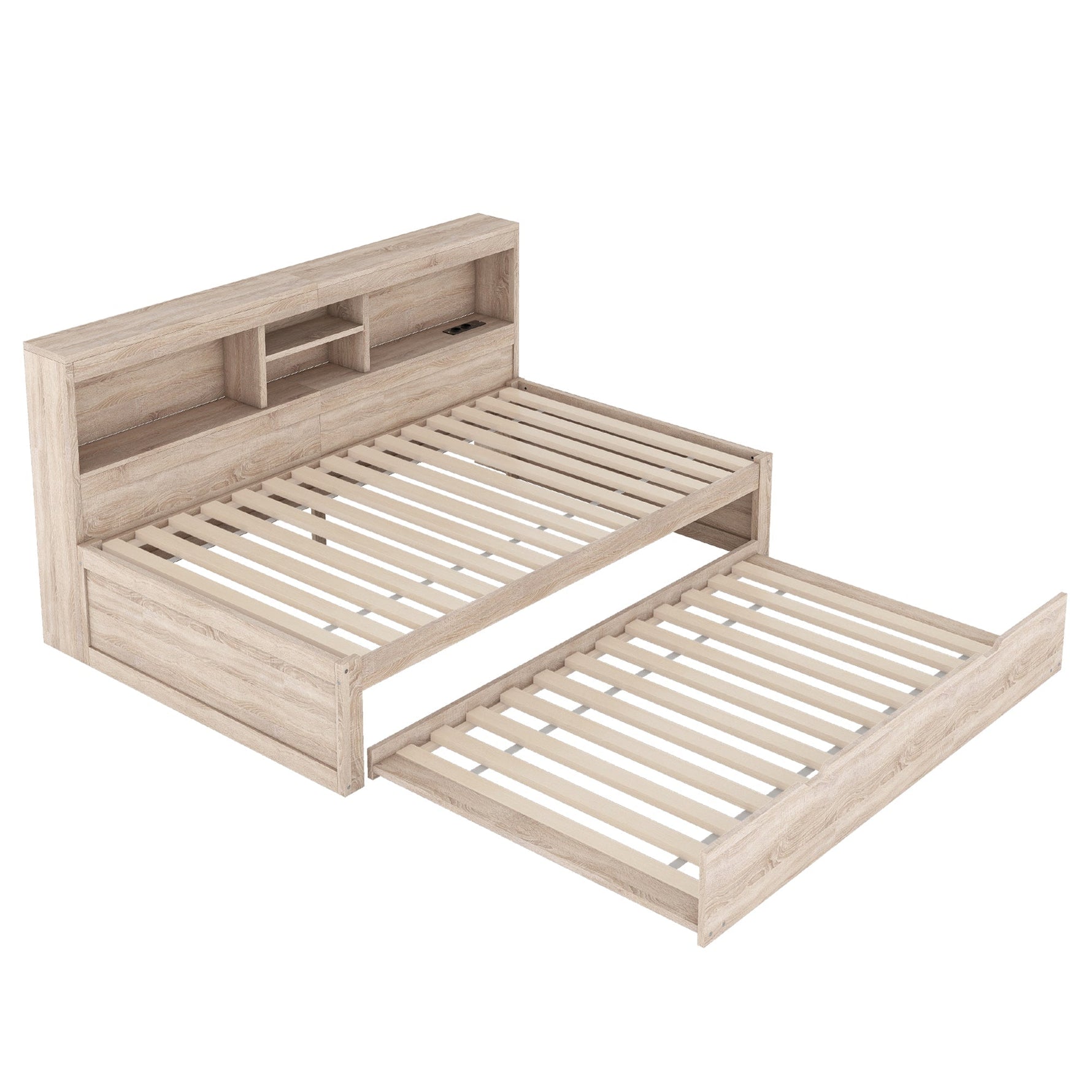 Daybed with Pull-Out Bed, LED Lights and USB Port, Natural Finish