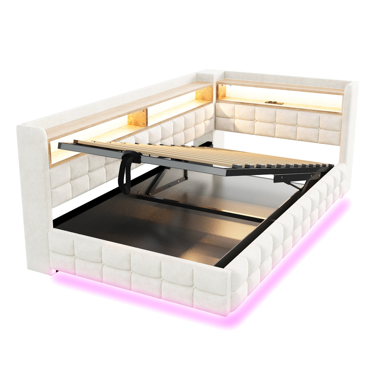 Upholstered Sofa Bed 90x200 with Hydraulic Storage, Beige Velvet