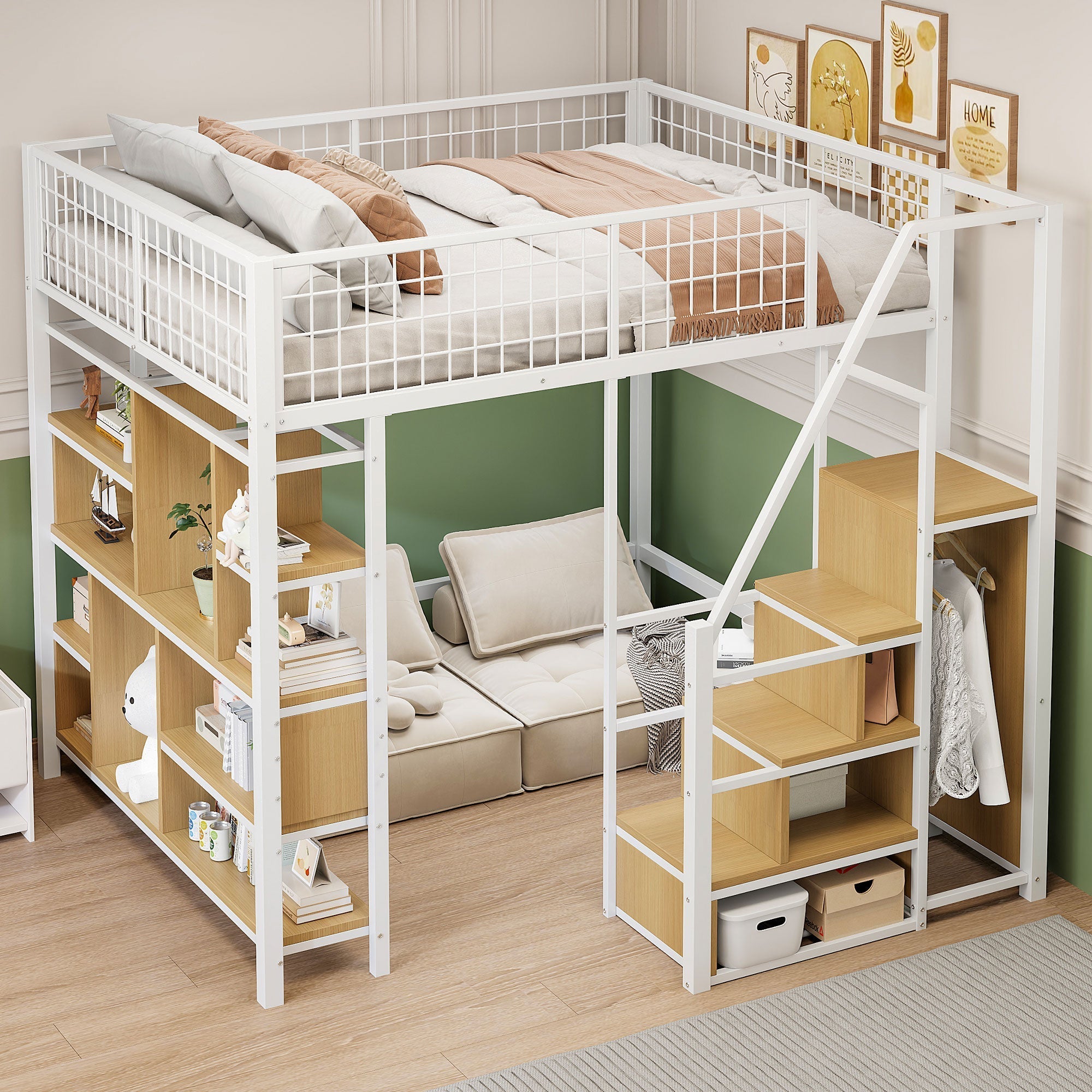 Multifunctional Loft Bed 140x200cm Storage Shelves Stairs Adults/Kids Metal White
