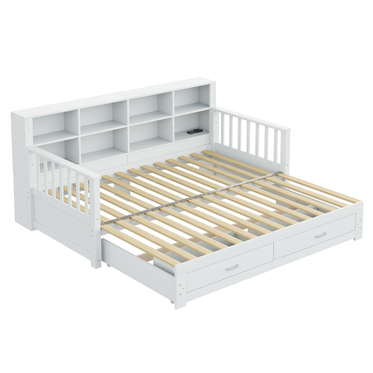 Sofa Bed, Pull-Out Solid Wood with Storage, Drawers & Slatted Frame, White