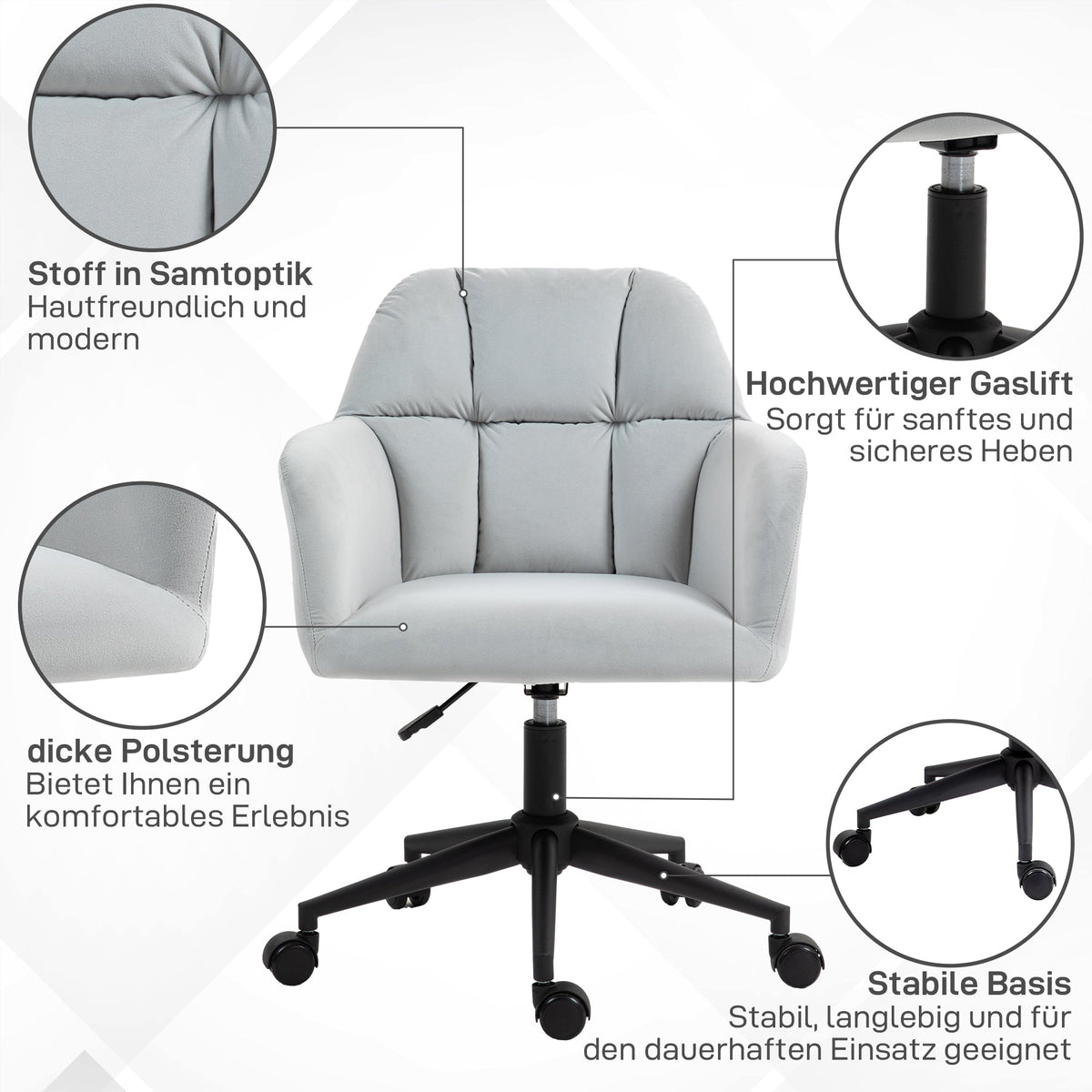 Swivel Chair, Height Adjustable Modern, Armrest, 120 kg, Light Grey Velvet