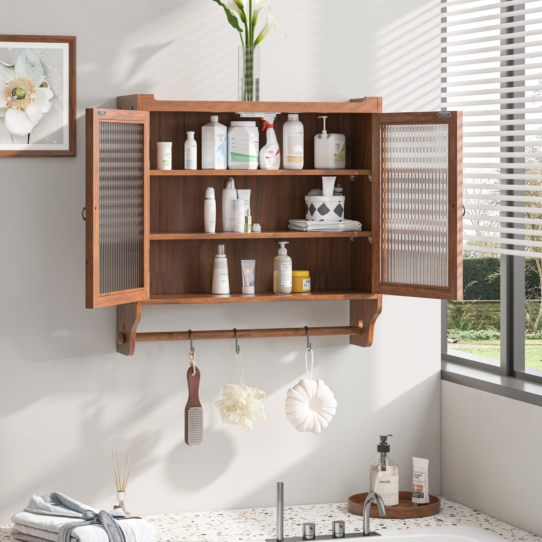 Wall Cabinet 63CM, Double Door Vintage Glass with 3 Tiers, Towel Rack, Brown